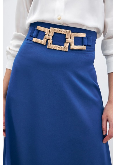 Sateen Bel Aksesuarlı Saten Krep Etek - Sax Mavi-135690 Saks Mavi