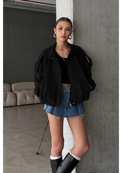 Öner Oversize Kadın Bomber Siyah Süet Deri Ceket Siyah5567rxd Siyah5567rxd