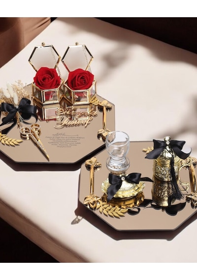 Affinity Sekizgen Gold Söz Nişan Tepsisi Ve Damat Kahve Fincan Tepsisi Siyah Siyah