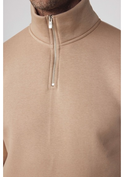 Tudors Pamuklu Dik Yaka Fermuarlı Taş Unisex Sweatshirt-29415-taş Taş