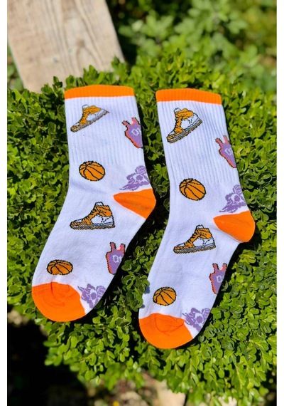 Lousocks Unisex Basketbol Desenli 3'lü Tenis Spor Çorap Beyaz