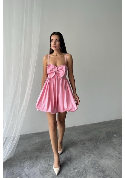 Pembe Önü Fiyonklu Askılı Elbise Çok renkli