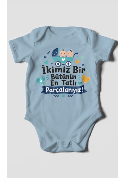 Morivokids İkimiz Bir Bütünün Yazılı Kısa Kollu Bebek Body %100 Pamuk Bebe Mavisi