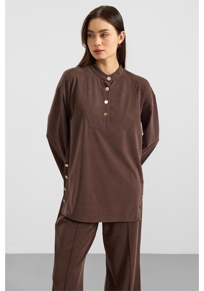 Olcay Metal Düğmeli Premium Kumaş Sweat Pantolon Takım Kahve 9405-tk