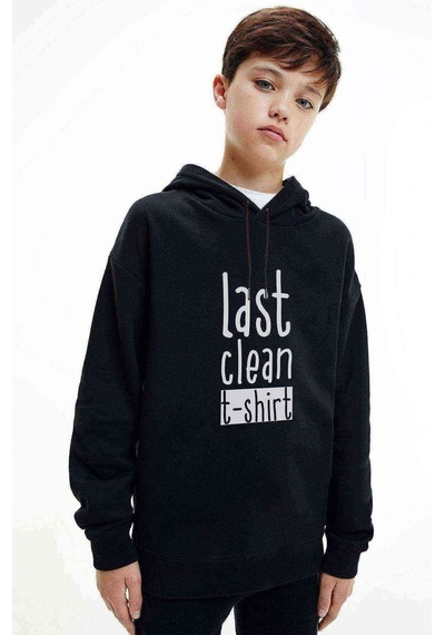 Tshirthane Last Clean Baskılı Unisex Çocuk Kapüşonlu Siyah Sweatshirt Siyah