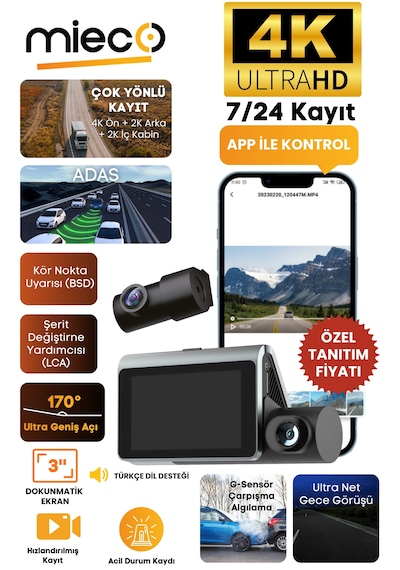 Mieco X18 Wifi /4k Uhd/ 170 Ultra Geniş Açı/ Adas/ G-sensör / 3 Kameralı Araç Kamerası