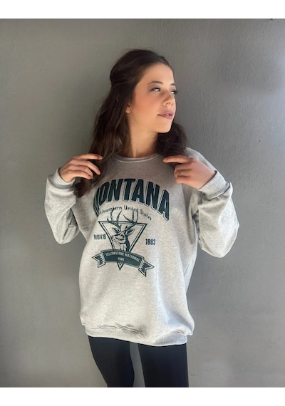 Montana Baskılı Unısex Sweat Açık Gri