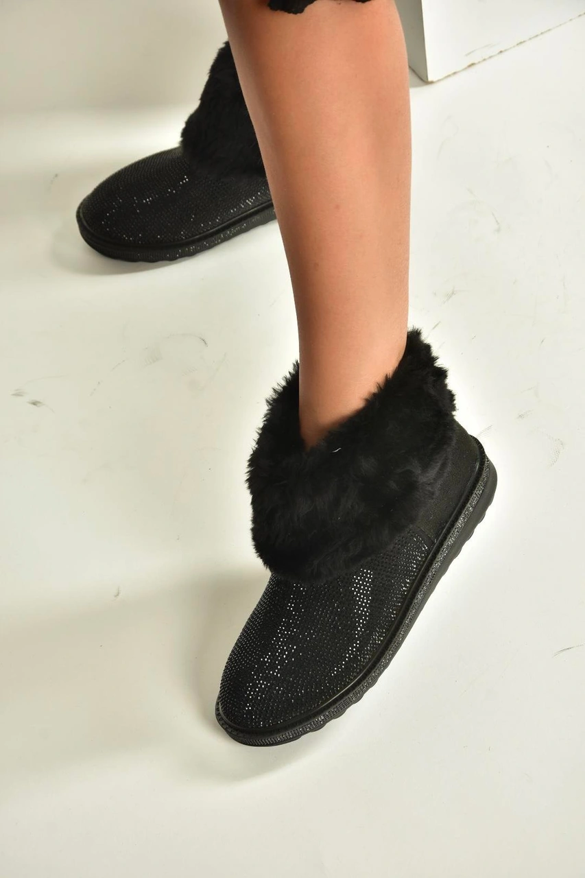 Fox Shoes V250014702 Siyah Süet Tüylü Kadın Bot Siyah-Süet