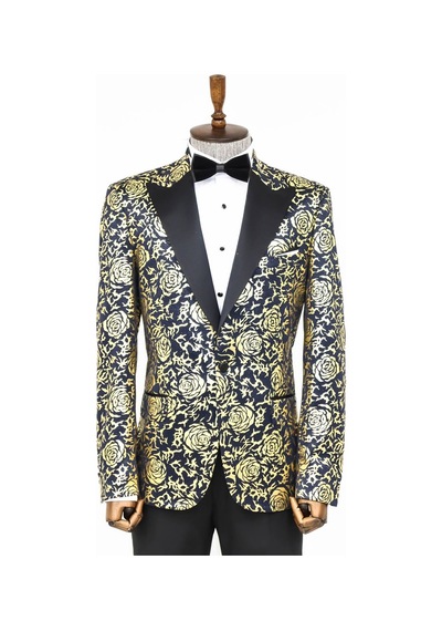Wessi Gold Gül Desenli Slim Fit Lacivert Erkek Smokin Ceket Lacivert