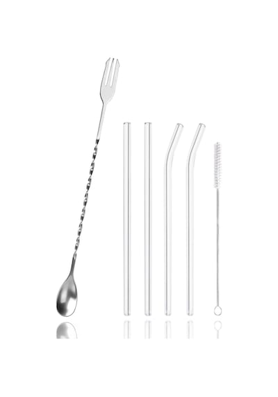 Burgulu Çatallı Bar Kaşığı 33 Cm Kokteyl Karıştırma Kaşığı & Cam Pipet Seti Gümüş