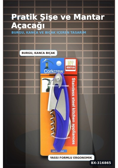 Tirbuşon Şişe Açacak Metal Ve Plastik Gövdeli Pratik Mutfak Yan Modeli Bx-316865 Çok Renkli