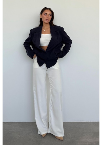 Madmext Lacivert Keten Blazer Kadın Ceket Mg2443 Lacivert