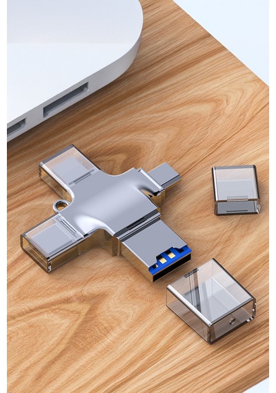 Thentech Metal Kasa 4in1 Type C Lightning Micro Usb Kart Okuyucu Dönüştürücü Yüksek Hızlı Dosya Aktarım