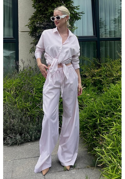 Madmext Pembe Uzun Kollu Çizgili Gömlek Pantolon İkili Takım Mg2124-pembe Pembe