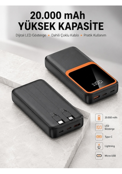 Dijital Ekranlı 20 000 Mah 22 5w Hızlı + Bağlantı Seçeneği Yeni Nesil 20000mah 22.5w Powerbank Siyah