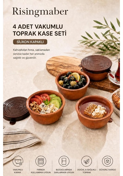 Tr 4 Adet Vakum Kapaklı Toprak Kase Seti, Silikon Kapaklı Kahvaltılık Saklama Kasesi Güveç Sütlaç Ve Sufle Kabı Genel