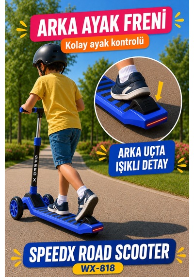 Mavi Işıklı Müzikli Speedx Road Scooter Wx-818 3 Tekerlekli Çocuk Scooterı Geniş Dokulu Taban