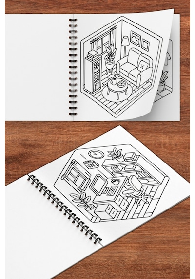 Tiny House Little İsometric Corners 20x20 Cm Büyük Boyama Kitabı, Çocuklar Ve Yetişkinler