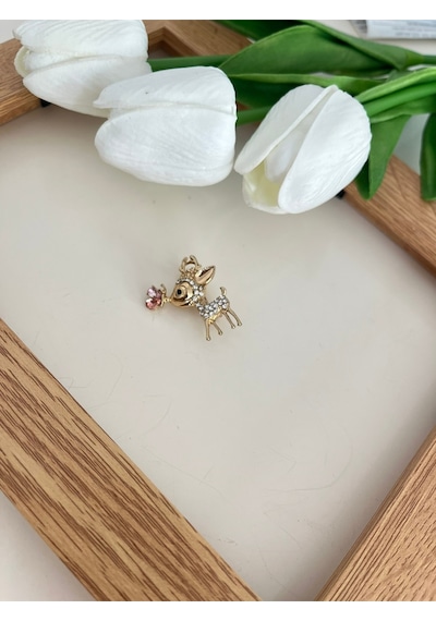 Zirkon Taşlı Geyik Gold Renk Gül Detaylı Broş Yaka İğnesi Altın
