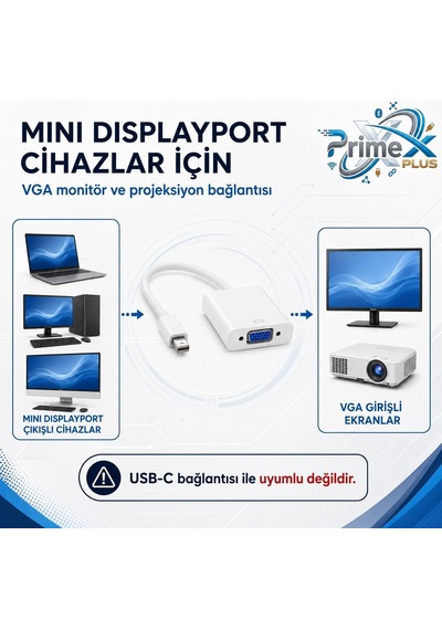 Primex Px-1515 Mini Displayport To Vga Çevirici, Macbook Mini Display To Vga Adaptör, 15 Cm Beyaz Görüntü Dönüştürücü, Mini Dp Erkek To Vga Dişi Monitör Projeksiyon Tv Bağlantı Aparatı