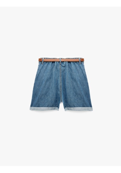 Koton Rahat Kalıp Duble Paça Cepli Kemerli Mini Jean Şort Orta İndigo 6sal40304md