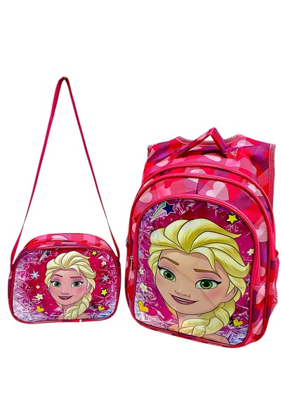 Kız Çocuk Elsa Model Işıklı İlkokul Çantası 2 Li Takım Pembe