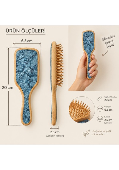 Bambu Saç Fırçası 20 Cm Doğal Ahşap Saç Tarak Fırça Saç Derisi Masajlı Mavi Desenli