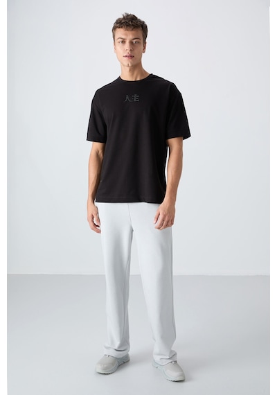 Tommy Life Siyah Pamuklu Kalın Yumuşak Dokulu Oversize Fit Baskılı Erkek T-shirt - 88342 Siyah