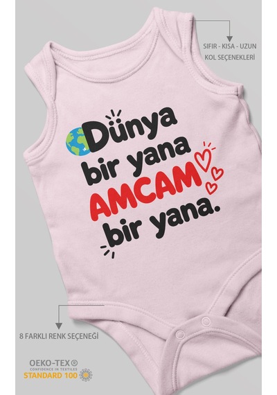 Morivokids Dünya Bir Yana, Amcam Bir Yana Sıfır Kollu Bebek Zıbını %100 Pamuk Bebe Pembe