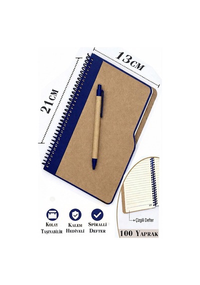 Sert Kapak Çizgili Defter 100 Yaprak 1 Adet Kalem Hediyeli Lastikli Defter Spiralli Günlük Defteri Lacivert