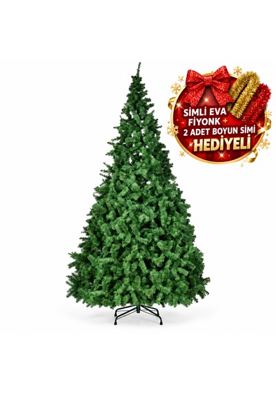 300 Cm 2000 Dallı Yapay Yılbaşı Çam Ağacı Simli Eva Fiyonk Ve 2 Adet Boyun Simi Hediyeli, Yeşil, Metal Ayaklı