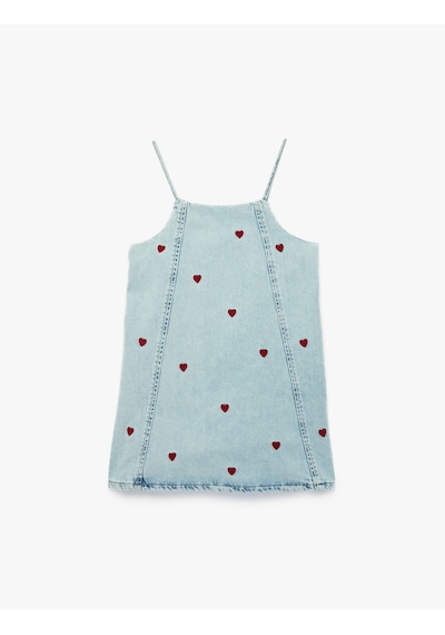 Koton Kare Yaka Kalp Desenli Askılı Denim Jile Elbise Lıght Indıgo 6smg80003ad Açık Mavi