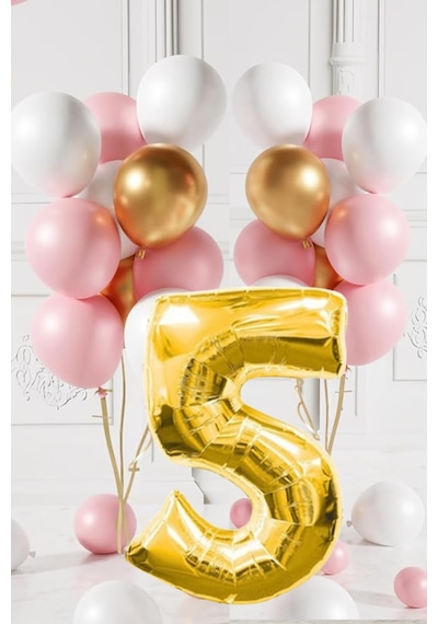 5 Yaş Retro Gold Pembe Beyaz Balon Seti Gold Rakamlı Doğum Günü Balonu Şık Parti Süsleme Çok Renkli