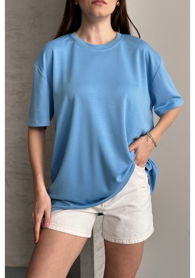 Balenbi Kadın Modal Bisiklet Yaka Basic Yarım Kollu T-shirt 1211 Mavi