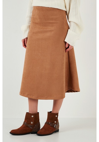 Lela Streç Regular Fit Yüksek Bel Midi Boy Süet Çan Bayan Etek 5866180 Vizon