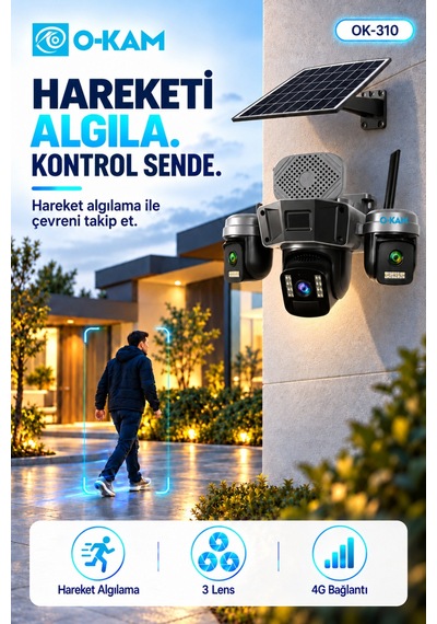 O-kam Ok-310 4g 3 Lensli Güneş Panelli Sirenli Güvenlik Kamerası
