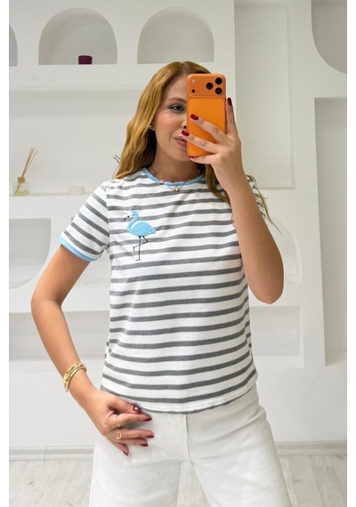 Fiolin Bisiklet Yaka Çizgili T-shirt Mavi