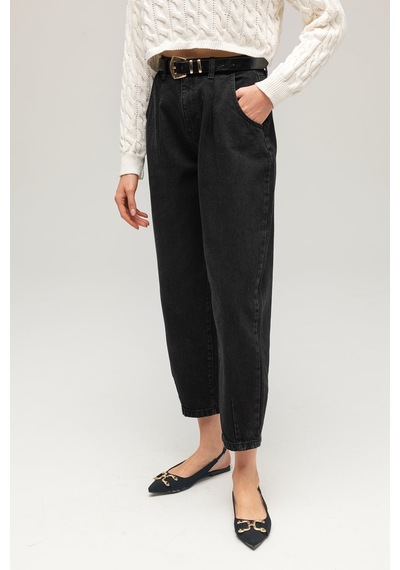 Sââde Kadın Yüksek Bel Relaxed Fit Mom Jean Pantolon - Pileli Siyah