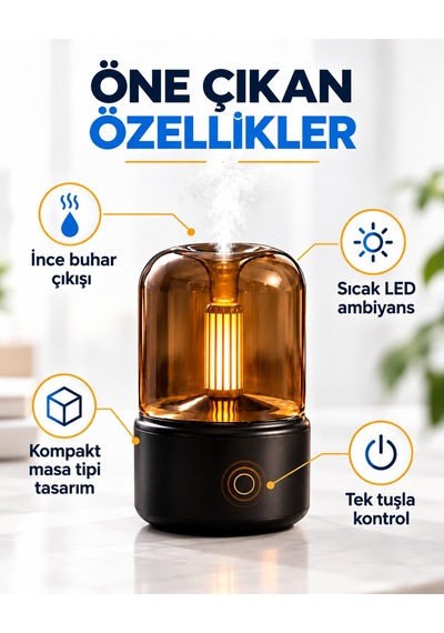 Mum Alevi Efektli Aroma Difüzör Dekoratif Hava Nemlendirici Sıcak Işıklı Dokunmatik Tuşlu Masaüstü Buhar Makinesi Siyah