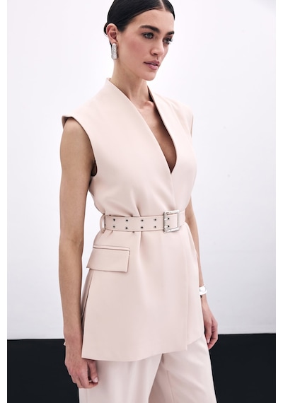 Sateen Kemerli Uzun Yelek - Bej-135805 Bej