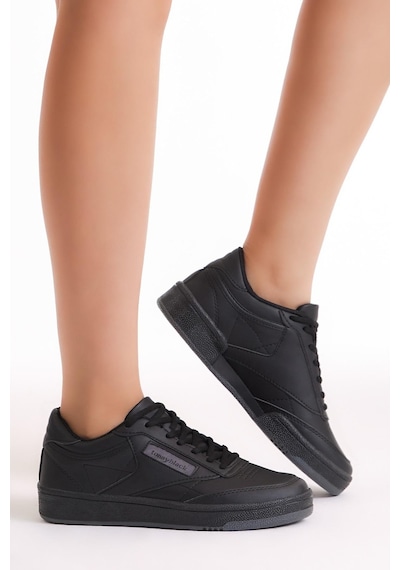 Tonny Black Rahat Kalıp Poli Taban Bağcıklı Unisex Siyah Cilt Spor Ayakkabı Tb107-0 Siyah Cilt
