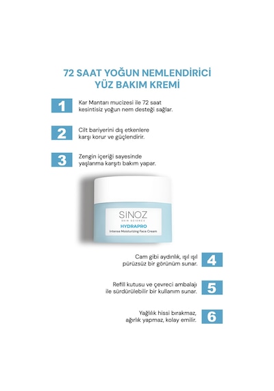Sinoz Hydrapro Su Bazlı 72 Saat Yoğun Nemlendirici Yüz Bakım Kremi 50 ML