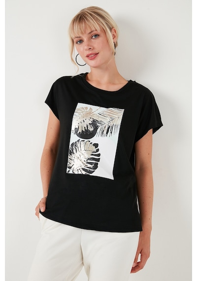Lela Baskılı Bisiklet Yaka Regular Fit Bayan T Shirt 6671004 Siyah