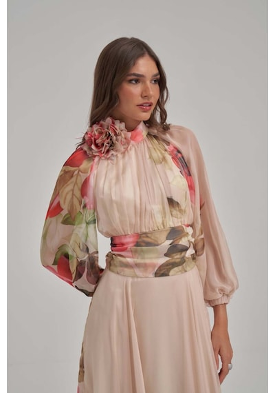 Crystalia Özel Desen Çiçek Motifli Şifon Elbise Çok Renkli