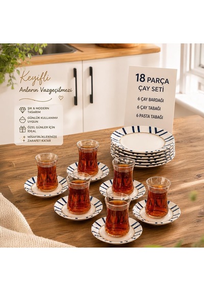Yasemin Dicle 18 Parça 6 Kişilik Porselen Pasta Ve Çay Takımı Çizgili Lüks Sunum Seti Çok Renkli