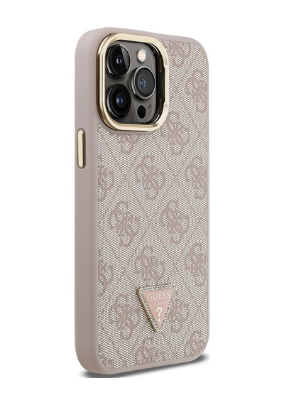 Apple iPhone 14 Pro Max Uyumlu Kılıf Guess Lisanslı Üçgen Logo 4g Desenli Kamera Standlı Kapak Pembe