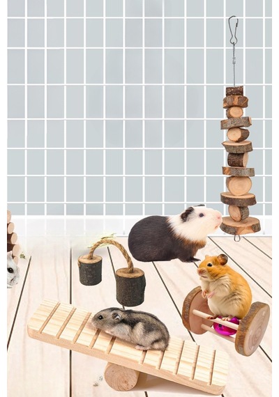 Doğal Ahşap Kemirgen Seti 6 Parça - Hamster, Gine Pig, Tavşan, Çinçilla İçin Kafes Aksesuarları