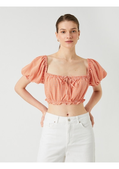 Koton Crop Bluz Kare Yaka Balon Kollu Turuncu Ekose 2sak60189ew Turuncu Koton Crop Bluz Kare Yaka Balon Kollu Turuncu Ekose 2sak60189ew Turuncu
