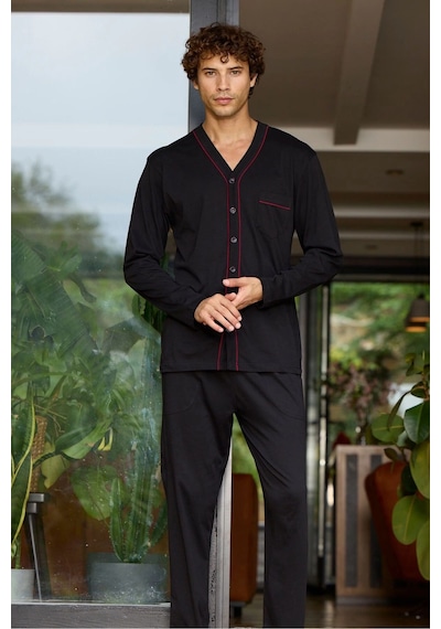 Moda Dua Kocabey 9134 Erkek V Yaka Boydan Düğmeli Pijama Takımı Siyah