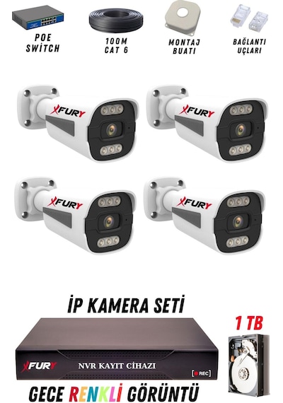 Fury 4 Kameralı Ip Güvenlik Kamerası Seti 4mp Gece Renkli Su Geçirmez 1506 1tb